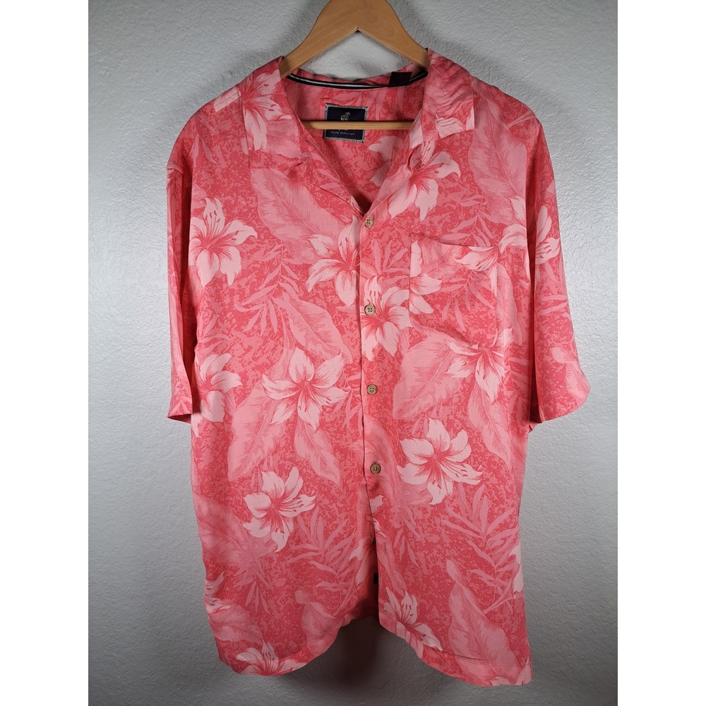 Caribbean Joe Mens XL Pink Tropical Hibiscus Floral Rayon Camp Shirt Aloha XL